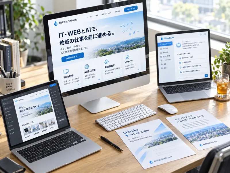 WebサイトとAIチャットの画面を表示したパソコン